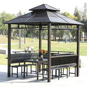 Gazebo en acier d'extérieur avec <span class=keywords><strong>auvent</strong></span> en <span class=keywords><strong>bois</strong></span>, toit en métal, toit rigide, taille personnalisable, montage facile, filet anti-rongeurs, bâtiments de jardin - Product Image 6