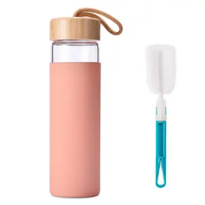 20 OZ Borosilicate Glass Water Bottle with Bamboo Lid and Pink Protective Sleeve-Bpa Free