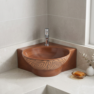 Lavabo de salle de bain carré moderne en céramique marron avec plateau blanc à poser sur comptoir pour usage commercial - Product Image 5