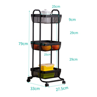 Chariot de rangement rotatif à 3 niveaux en métal pour salle de bain et cuisine, avec étagères à légumes et tiroirs coulissants