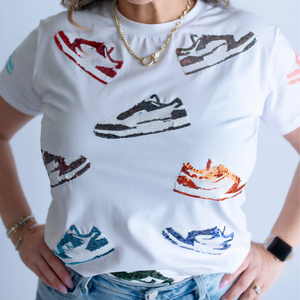 T-<span class=keywords><strong>shirt</strong></span> blanc à paillettes pour femmes T-<span class=keywords><strong>shirt</strong></span> à manches courtes orné de paillettes personnalisées Sneaker Head Sequin <span class=keywords><strong>Tee</strong></span> - Product Image 5