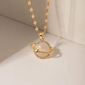 Women Jewelry Zircon Planet Cat Eye Opal Stone Pendant Necklaces 18K Gold Chain Choker Stainless Steel Necklace
