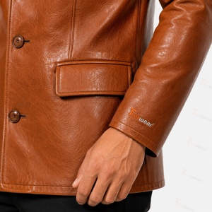 Blazer homme en cuir véritable, col mandarin, coupe ajustée, marron, simple boutonnage, logo sur le devant - Product Image 5