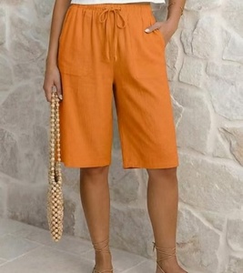 Shorts Bermuda en Lin et Coton Orange Taille Mi-Haute avec Cordon de Serrage Coupe Ample Décontractée pour Femme avec Poches - Product Image 1