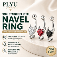Piercing de Ombligo de Acero Inoxidable 316L con Corazón de Diablo, Estilo Gótico, con Circonitas Engastadas, Barra Curva y Cola de Cuerno