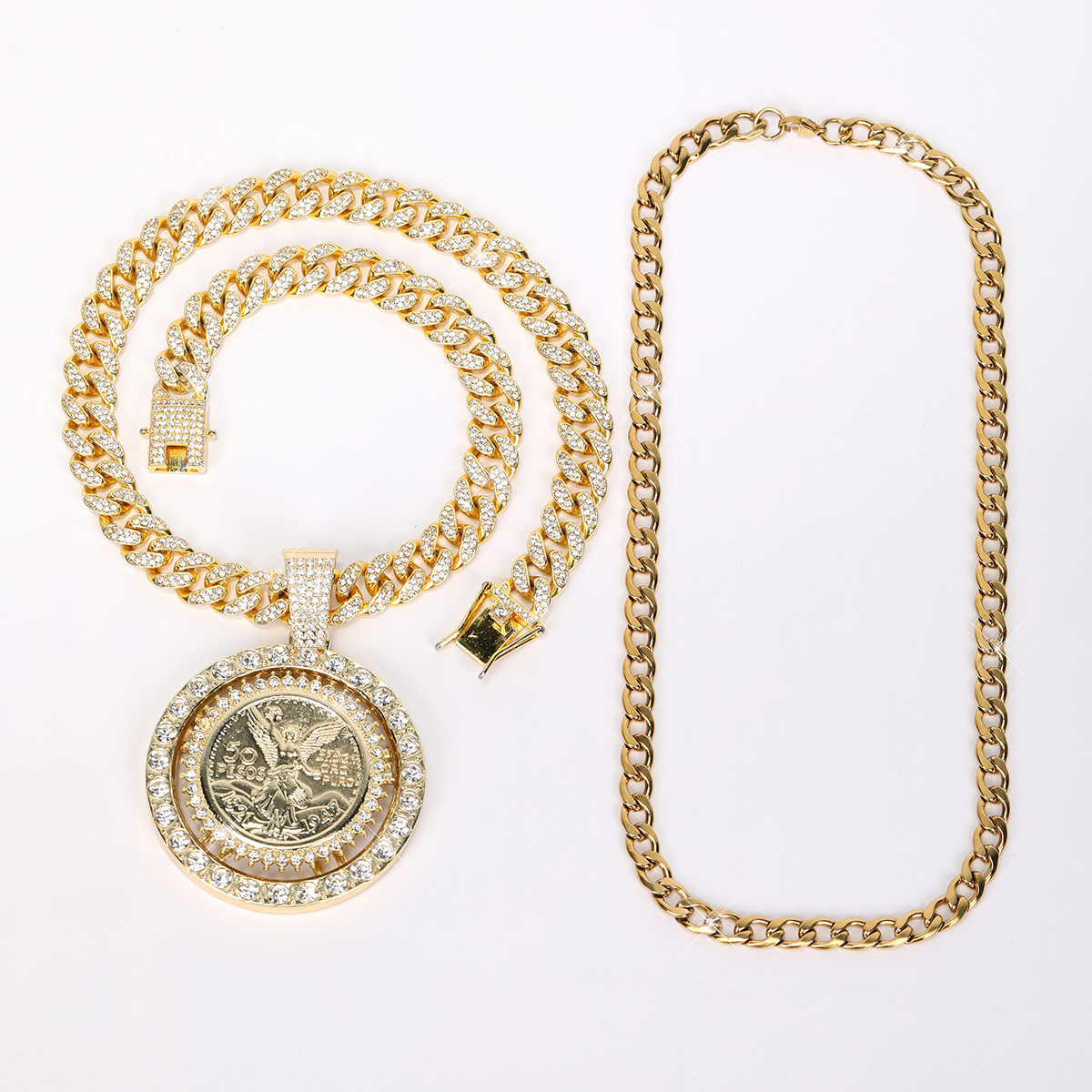 2pcs Iced Out Rhinestone Coin Pendant Chain for Men