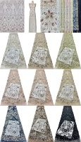 Tissu en dentelle à mailles abstraites florales orné de paillettes, de strass et de perles, avec bordure double festonnée, pour robes de mariée