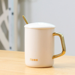 <b>Ceramic</b> Mug With Gold Handle And Lid Coffee <b>Cup</b> Set For Office Or Home Use - Product Image 1