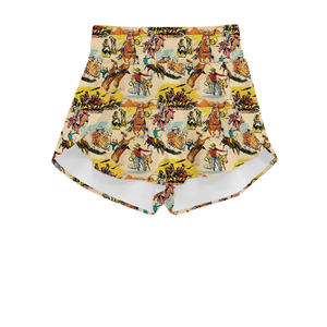 Shorts taille haute style occidental pour femme, imprimé dessin animé, décontracté, tricoté, respirant, taille élastique, délavage coloré, 100% polyester - Product Image 1