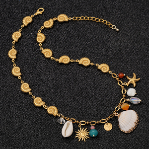 Collier multi-breloques pour femme Ocean Treasure, plaqué or 18 carats, chaîne à maillons coquillages, agate naturelle, pendentifs vie marine en aquamarine CL26-216 - Product Image 5