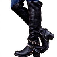 Bottes hautes noires déchirées pour femmes avec rivets et boucles, talon carré bas, style western biker, chaussures décontractées