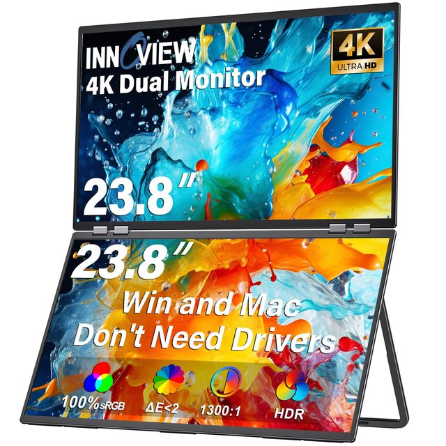 InnoView Dual Portable Monitor 23.8" Stacked Foldable Monitor Screen Extender with HDMI/USB-C/DP for Laptop Windows Mac