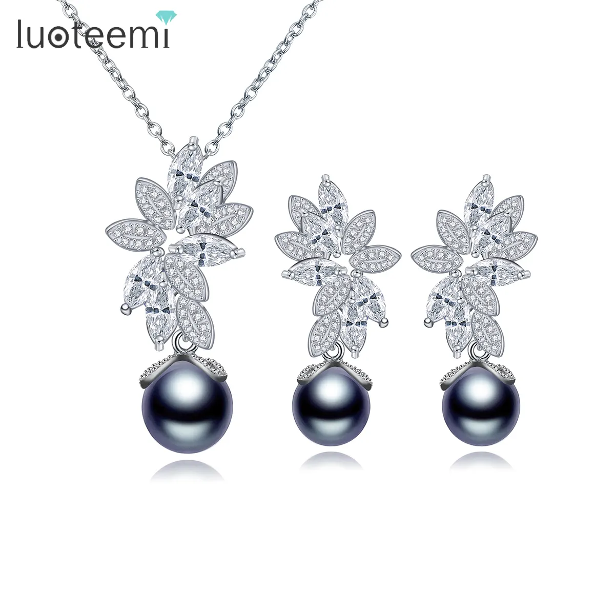 LUOTEEMI India Imitation Grey Pearl CZ Jewelry Sets Jewelry Sets Women