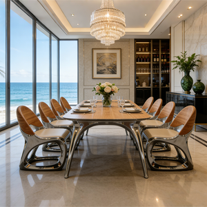 Set di Sedie e <span class=keywords><strong>Tavolo</strong></span> da Pranzo Moderno e Lussuoso in Fibra di Vetro, Sedie con Piano in Vetro Dorato Rotondo o Rettangolare per Matrimoni ed Eventi - Product Image 4