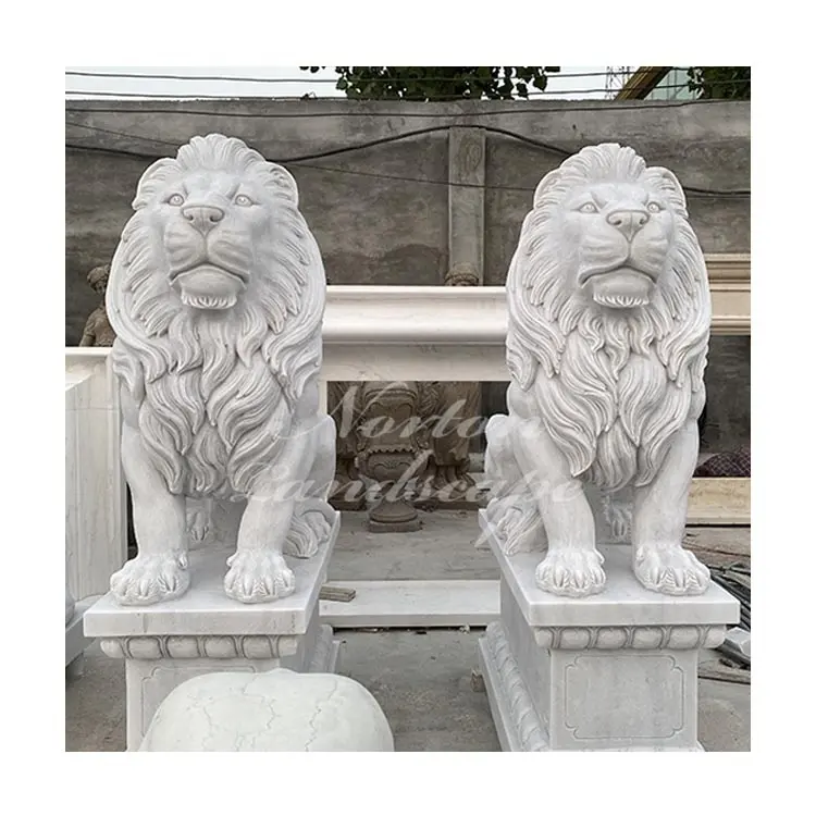 Estatua de León de mármol blanco, escultura de animal de piedra de tamaño real para decoración de jardín, precio