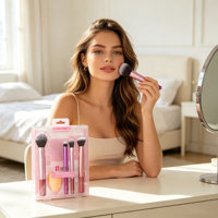 Großhandel Rosa 5-teiliges Make-up-Pinsel-Set mit Beauty-Schwamm Transparentes Etui Foundation Puder Rouge Lidschatten Pinsel-Kit für Frauen