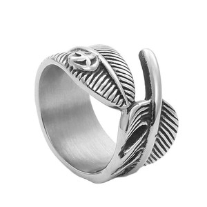 Stainless Steel <b>Feather</b> <b>Ring</b> Men's Retro Punk Style Daily Wear <b>Silver</b> Color 26097 - Product Image 1