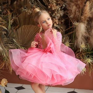 Vestido de Princesa de Tul Rosa Brillante con Lentejuelas para Niñas, Vestido Formal de Manga Larga para Boda, Actuación de Piano - Product Image 1