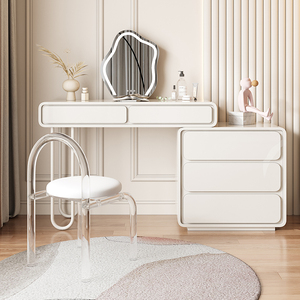 Tocador de dormitorio extensible crema de estilo moderno con taburete de espejo ajustable gabinete de maquillaje de madera tocador función de almacenamiento - Product Image 1