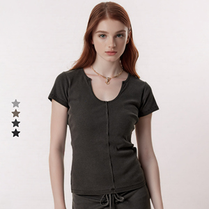 2025 European-American Summer Top Spicy Girl Pure Desire Deep U-Neck <b>Slim</b> <b>Fit</b> Short Sleeve - Product Image 3