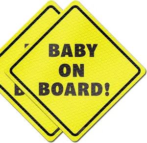Baby On Board Sticker Sign - Essential for Cars Bright Yellow Reflective On Car - Cute Safety Signs - Durable Strong Stickers