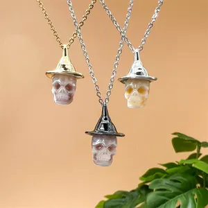 Trendy wizard hat charm jewelry pearl necklace gold silver plated carved pearl skull head dainty women necklace for halloween