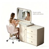 Ensemble de coiffeuse minimaliste avec miroir LED 3 couleurs, plateau extensible et chaise roulante pour chambre à coucher