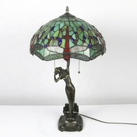 Lampe de table Tiffany LongHuiJing européenne de 16 pouces, abat-jour en verre teinté vert antique, alimentation secteur, base en cuivre luxueuse
