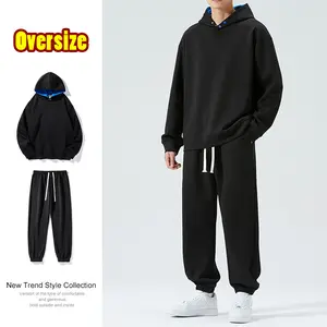 Toptan özel Logo eşofman takımlar erkek düğmeleri hiçbir dizeleri ile Unisex baskısız kapşonlu üst ve Joggers Set