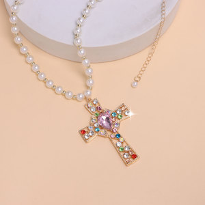 สร้อยคอจี้รูปกากบาทประดับมุก สร้อยคอประดับเพทายหลากสี สำหรับทุกเพศ ใส่ได้ทุกวัน - Product Image 2