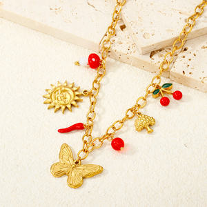 Collana alla Moda con Ciondolo a Fiore, Catene in Acciaio Inossidabile Placcato Oro 18K, Design Anti-Sbiadimento con Sole, Ciliegia, Farfalla e Cuore - Product Image 3