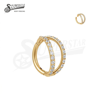 SUPERSTAR Anneau de piercing articulé en titane ASTM F136, double pavé de zircone cubique, double anneau, pour septum, nez, oreille et corps