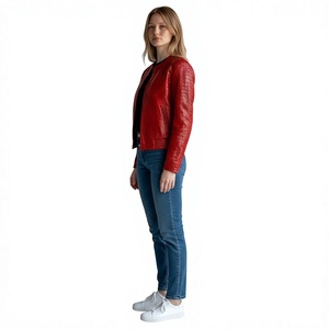 Veste en similicuir rouge pour femme, motif crocodile gaufré, col montant, fermeture éclair, manches longues, printemps, couleurs personnalisées, logo - Product Image 3