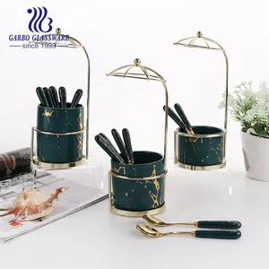 Marble Ceramic Handle 410 Stainless Steel Cutlery Set with Elegant Metal Umbrella Ceramic Stand Teaspoon PVD Golden Flatware Set