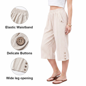 <span class=keywords><strong>Pantalones</strong></span> Casuales de Verano para Mujer, Personalizados de Fábrica, Cómodos, Transpirables, Cintura Elástica, Bolsillos con Botones, <span class=keywords><strong>Pantalones</strong></span> Capri de Lino, Plazo de Entrega de 15 Días - Product Image 3