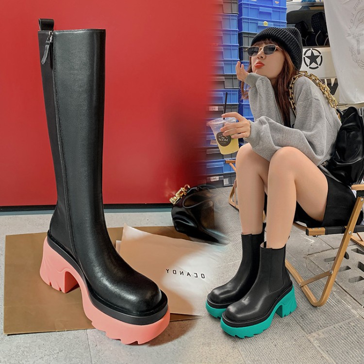 Wholesale 2021 New Women Green Pink High Heel Pu Leather Thick chunky heel Autumn Knee Length Beautiful Girls Winter Boots