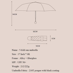 <span class=keywords><strong>Parasol</strong></span> de voyage 5 plis en tube de fer, capsule, avec revêtement noir épaissi, protection UV, double usage soleil et pluie, pour extérieur - Product Image 3