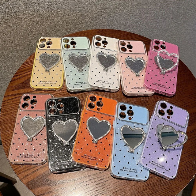 New 2026 Glitter Diamond Mirror Bracket Case for iPhone 17 16 Pro Max 14 15 Plus 11 12 13 Love Heart Bling Stand Holder Cover