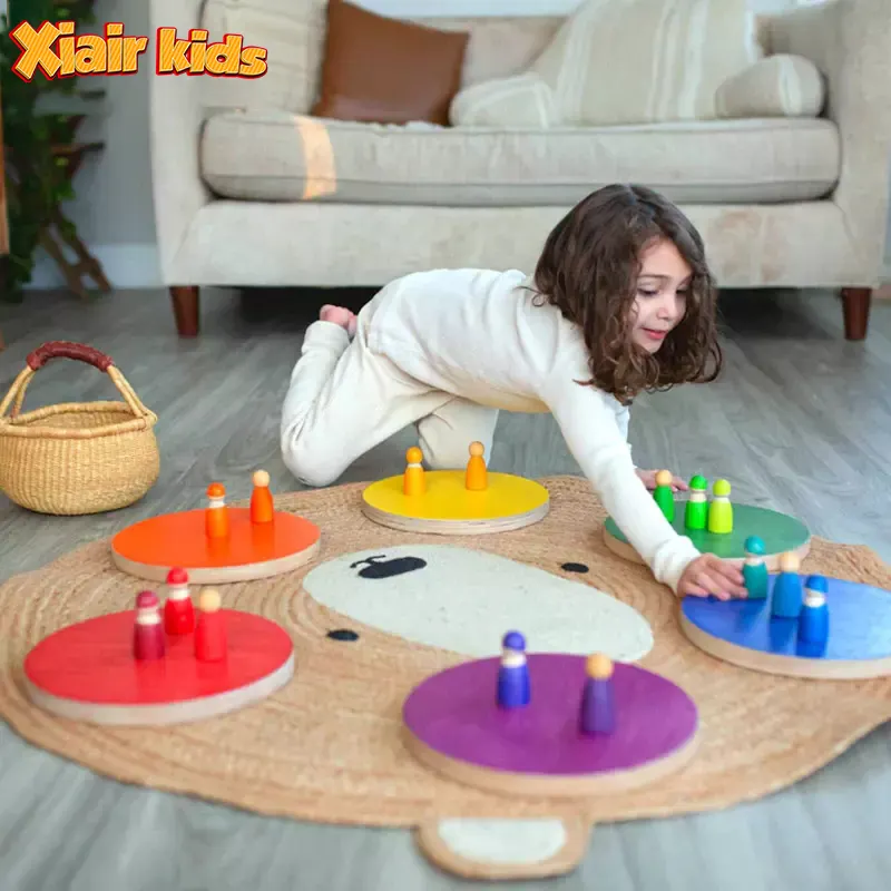 Xiair ชุดหิน Montessori สำหรับเด็ก,หินฝึกสมดุลย์6ก้อนทำจากไม้สีรุ้งกันลื่น