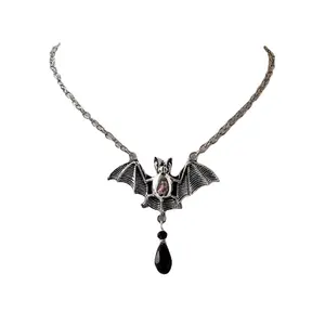Gothic Jewelry Vintage Victoria Solitaire Necklace Beads Bat Wings Halloween Silver Pendant