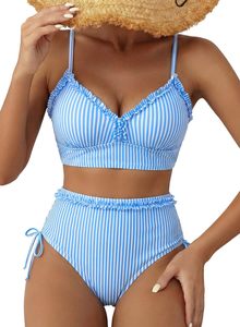 Ensemble bikini femme à pois, taille haute, haut push-up avec volants, en spandex et polyester, maillot de bain 2 pièces style crop top - Product Image 3
