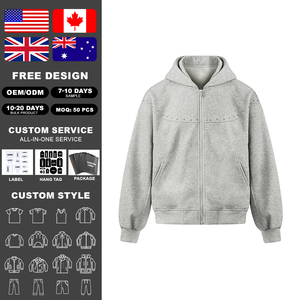 เสื้อฮู้ดซิป KingSen Heavyweight ผ้าฝ้ายฟลีซ 100% แต่งหมุด ดีไซน์ไหล่ตก ทรงโอเวอร์ไซส์ ตกแต่งผ้าแบบ Patchwork สไตล์ลำลองแนวสตรีทแวร์ - Product Image 2
