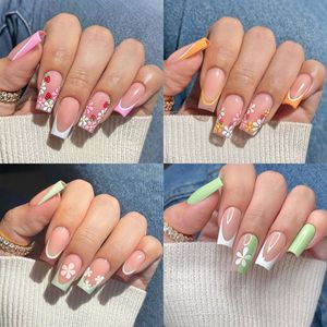 Faux ongles en plastique à couverture complète, style français, à motifs floraux, couleurs estivales, best-seller, certifiés CE, marque personnalisée, réutilisables, avec colle - Product Image 2
