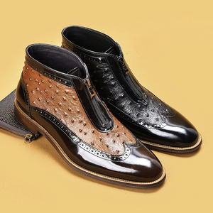 Bottines à bout pointu en cuir verni pour homme, imprimé autruche, fermeture éclair avant, bottes tendance en cuir véritable - Product Image 1