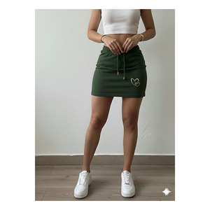 Women's Green Mini Skirt Elastic Waist Drawstring Heart Print 45 Cm Length Casual Wear - Product Image 1