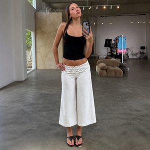 Y2K Streetwear Polka Dot Turn Waistband Contrast Color Low Rise Straight Leg Breathable Capri <b>Pants</b> Women Casual Loose Fit - Product Image 5