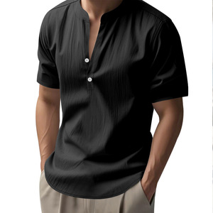 Men's Light Sleeve V-Neck Cotton Poplin Casual Shirt Regular Fit Solid Color Breathable Woven Fabric T-shirt - Product Image 5