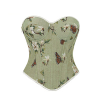 Bustier Corset Rétro Vert à Motifs Floraux et Papillons en Jacquard, Effet Amincissant, à Porter en Extérieur
