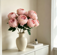 Bunga Peony Buatan Grosir, Bunga Sutra Palsu Putih Pink, Tangkai Bulat 7 Kepala, Tanaman Peony Tiruan