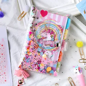 Tek boynuzlu at yumuşak PVC Glitter Sequins boncuk belgeleri gevşek yaprak klasörü defter planlayıcısı kapağı koruyucu A5/A6/A7 6 klasörler